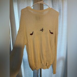 Jantzen Cream Crewneck Sweater with Embroidered Bird Motifs